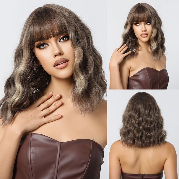 Krótkie falowane miękkie peruki typu bob dla kobiet brązowe z blond refleksami syntetyczna peruka z grzywką codzienne cosplay włosy odporne na ciepło_voghion.com