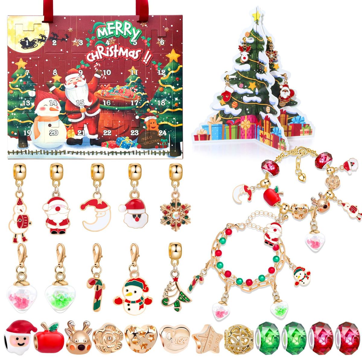 Popular Children's DIY Christmas Advent Calendar Beaded Bracelet Set, 3D Christmas Tree Bead Bracelet Blind Box_voghion.com