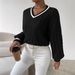 Women's Clothing Autumn And Winter Temperament Contrast Color Cable Sweater Loose V Neck Fashionable Tops For Women_voghion.com