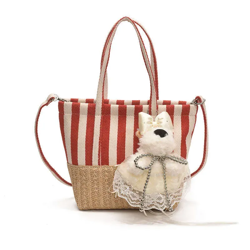 Borsa a mano in tela intrecciata in stile coreano, patchwork, per donna, estiva, a righe, casual, versatile, a tracolla_voghion.com