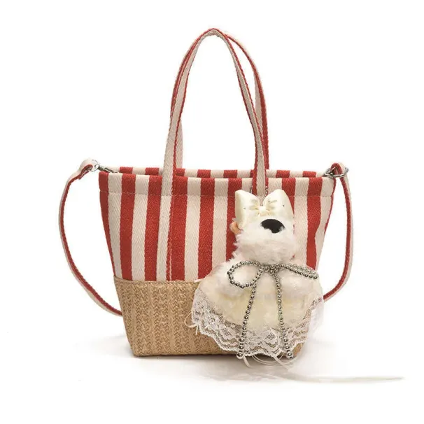 Borsa a mano in tela intrecciata in stile coreano, patchwork, per donna, estiva, a righe, casual, versatile, a tracolla_voghion.com