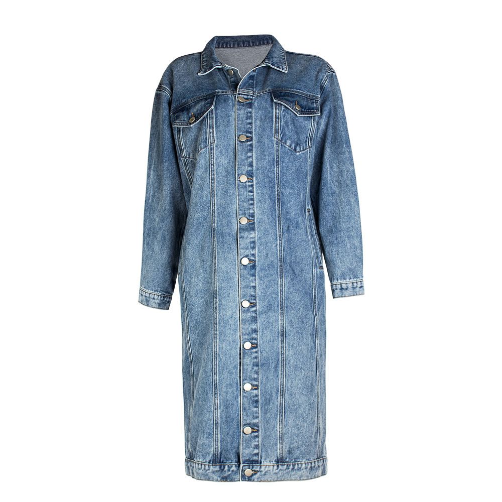 la giacca di jeans lunga più venduta da donna con top in denim lavato retrò alla moda_voghion.com