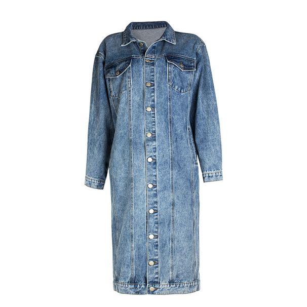 la giacca di jeans lunga più venduta da donna con top in denim lavato retrò alla moda_voghion.com