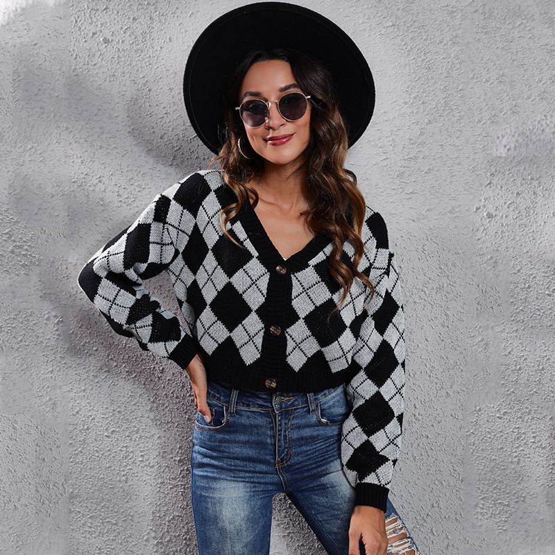 Diamond contrast knitted cardigan short sweater women's diamond loose fitting women's clothing_voghion.com