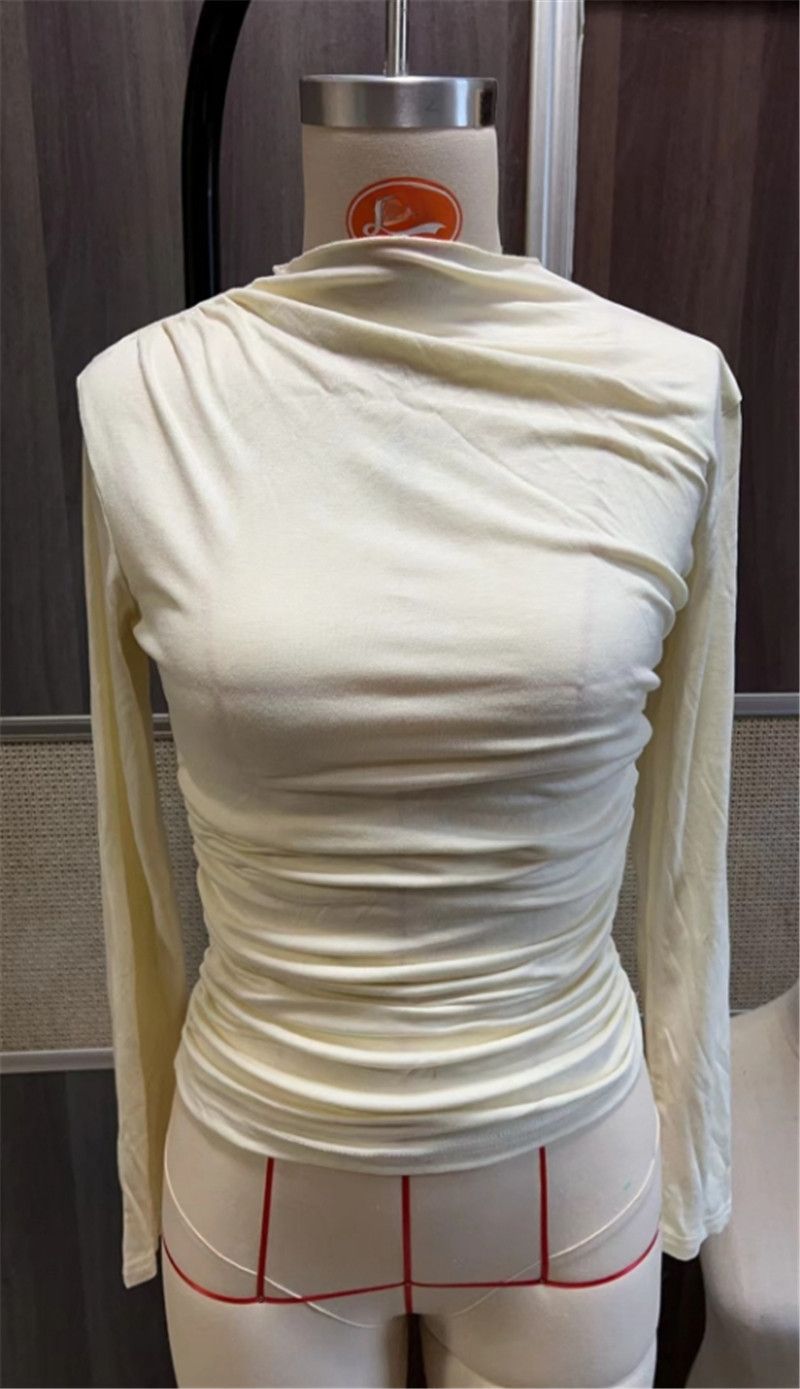 K Solid Color Slim-fit Base T-shirt With Versatile Pleated Design For Women's Top_voghion.com