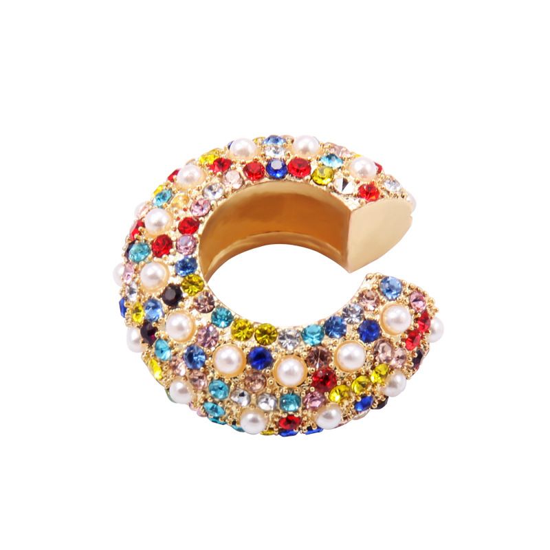 Colorful Inlaid Diamond Non-Pierced Clips Metal Rainbow C-Shaped Ethnic Style Ear Cuffs Pearl Earrings For Women_voghion.com