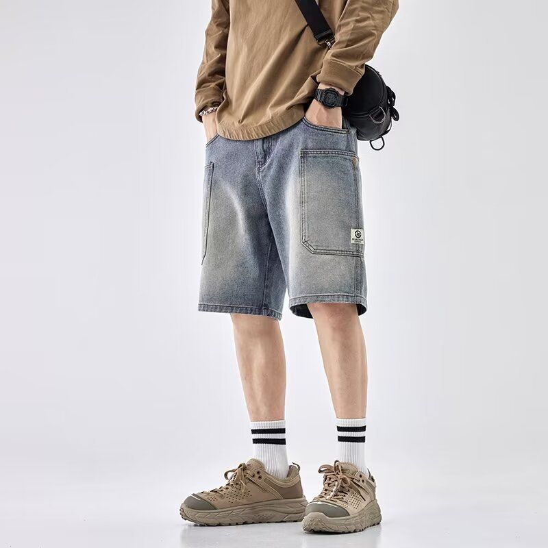 Vêtements pour hommes Vêtements de travail Shorts en jean Mode homme Coupe droite Automne Grande poche Jambe large Pantalon court rétro_voghion.com