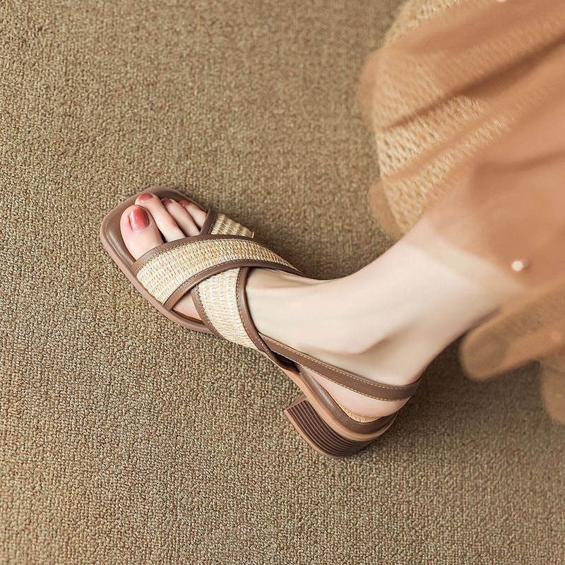 Stepping On Clouds~ Chunky Sandals For Women Summer New Color Block Cross Strap Soft Sole Mid Heel Roman Shoes_voghion.com