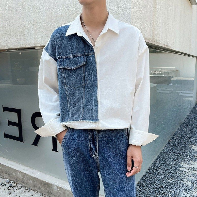 Herrenbekleidung Frühling und Herbst Neues Langarmhemd Lässiges lockeres kleines Design Kontrastfarbe Splicing Jeanshemd_voghion.com