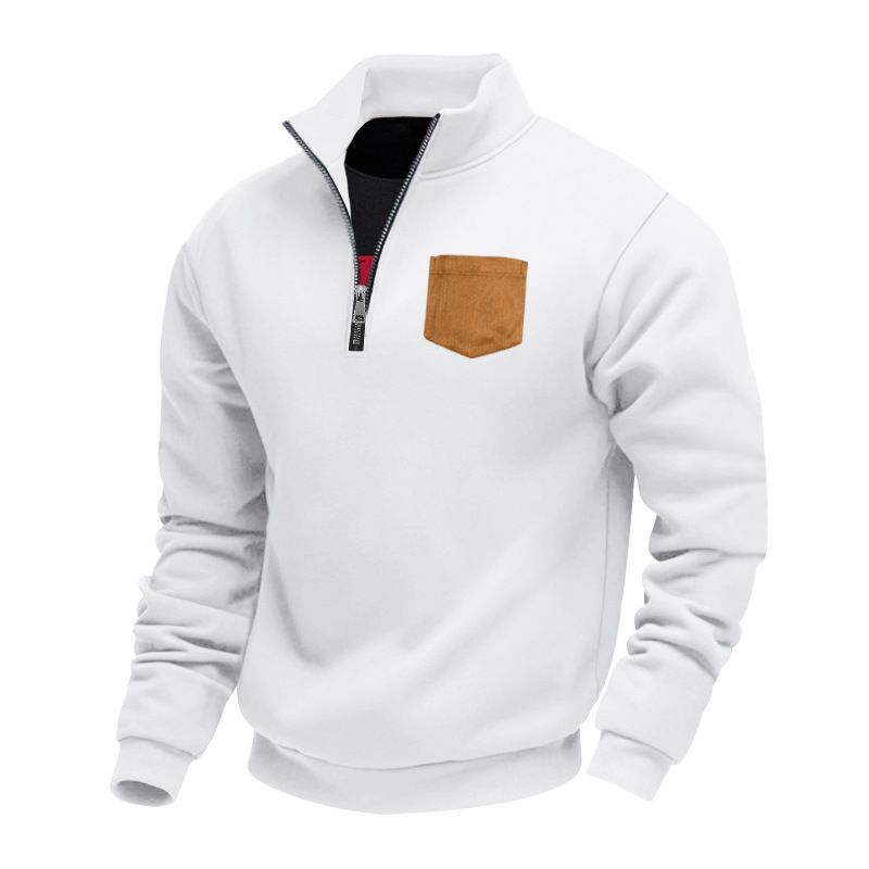 Felpa in pile con collo alto, tasca applicata, pullover casual da uomo, taglia comoda, primavera e autunno_voghion.com