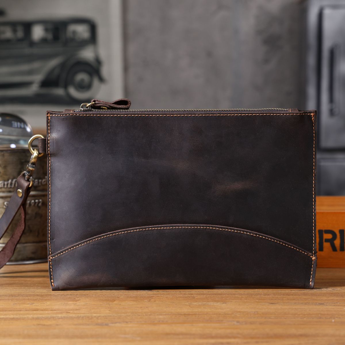 Erkek Çantası Basit Crazy Horse İnek Derisi Clutch Erkekler İçin, Retro Cüzdan, Büyük Kapasiteli Cep Telefonu Kılıfı, El Yapımı Hakiki Deri_voghion.com