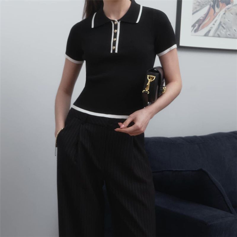 Damenbekleidung Slim Fit Kurzarm Revers Top Sommer Neue Fäden Enganliegender Kontrastfarben-Temperamentpullover_voghion.com