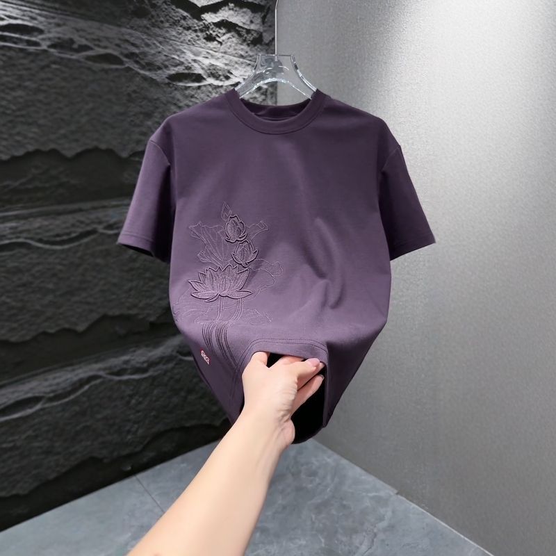 2025 Zomer Nieuw Antiek Geborduurd T-shirt met korte mouwen Heren Knappe Ronde Hals Ademend Halflange Mouw Knappe Eenvoudige Top_voghion.com