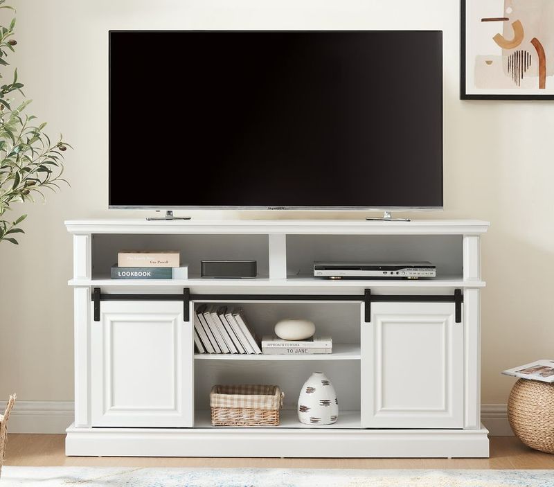Media Console Table With Storage Cabinet, Mid Century Style Entertainment TV Table, Multipurpose Sliding Door TV Cabinet Large Storage Space, 58.11'_voghion.com