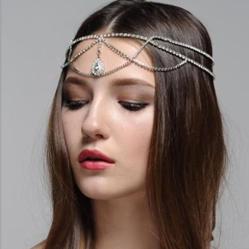 Böhmischer Stil Braut Strass Kopfschmuck Retro Multi Layer Strass Wassertropfen Kopfschmuck Haarkette Zubehör Kette_voghion.com
