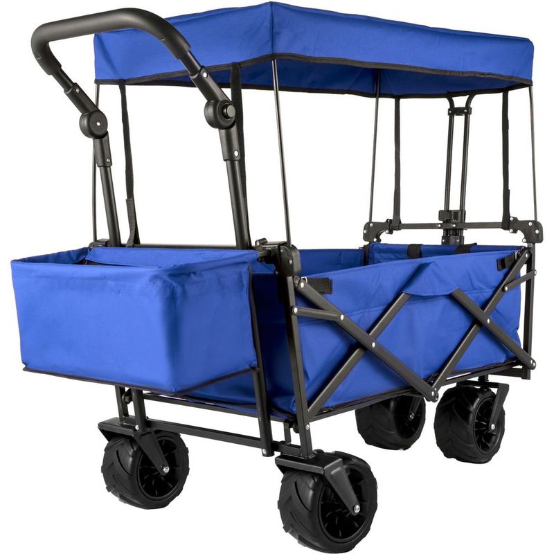 Extra Large Collapsible Garden Cart With Removable Canopy, Folding Wagon Utility Carts With Wheels And Rear Storage, Wagon Cart For Garden, Camping_voghion.com