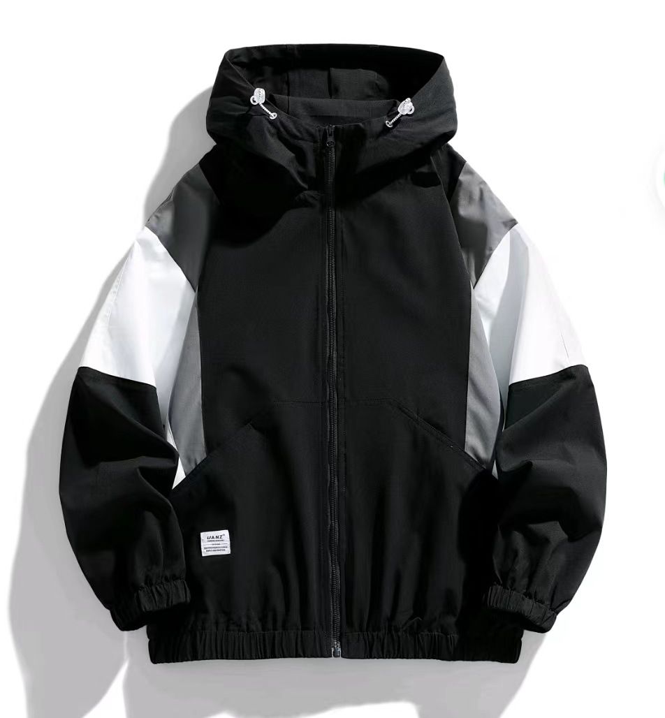 Giacca a vento unisex con cappuccio color-block – Giacca oversize alla moda per uomo e donna, cappotto casual leggero con cerniera (beige/blu navy/nero, S-3XL))_voghion.com