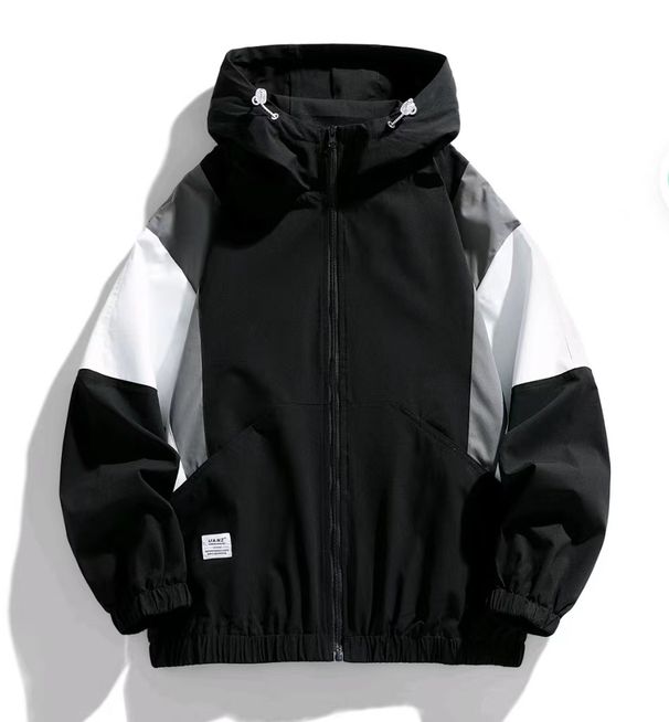 Giacca a vento unisex con cappuccio color-block – Giacca oversize alla moda per uomo e donna, cappotto casual leggero con cerniera (beige/blu navy/nero, S-3XL))_voghion.com