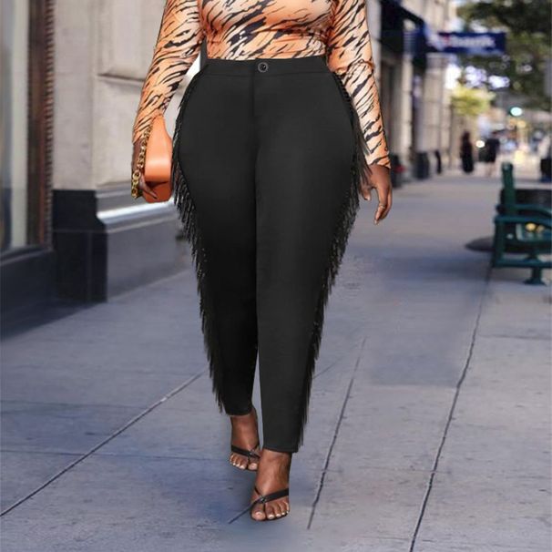 Breathable elastic high waist slim straight trousers tassel edge high elastic large size women's casual_voghion.com
