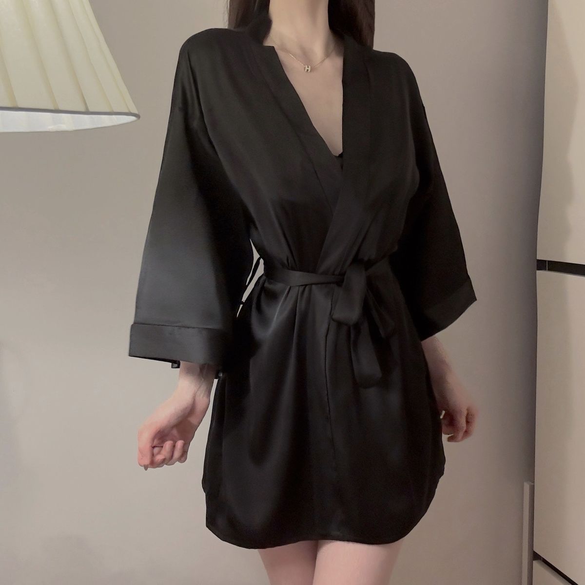 Vestaglia in raso - Completo camicia da notte con lacci taglie forti_voghion.com