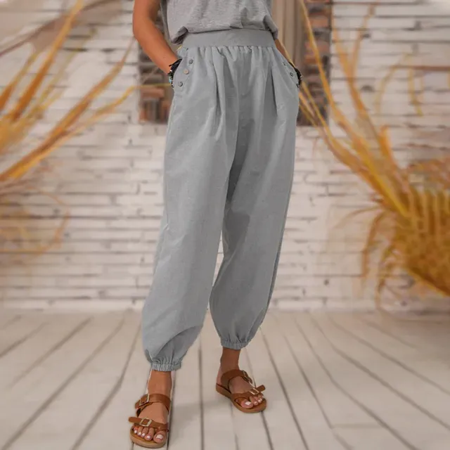 hot selling Women Harem Summer Casual Vintage Cotton inen Pants Elastic Waist Wide eg Retro oose Pockets Female Mom Trousers_voghion.com