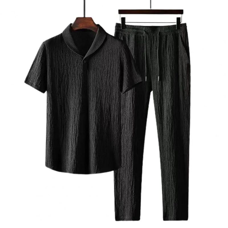 2Pcs/Set Poletne obleke Moški kompleti čiste barve Srajce s kratkimi rokavi Hlače Dvodelni komplet Moške trenirke спортивный костюм_voghion.com