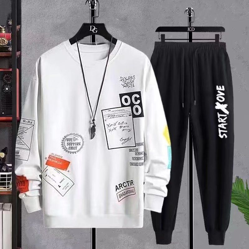 Abbigliamento maschile Maglione completo uomo primavera e autunno 2023 nuovo girocollo sottile uomo autunno vestiti larghi alla moda vestiti stampati due pezzi_voghion.com