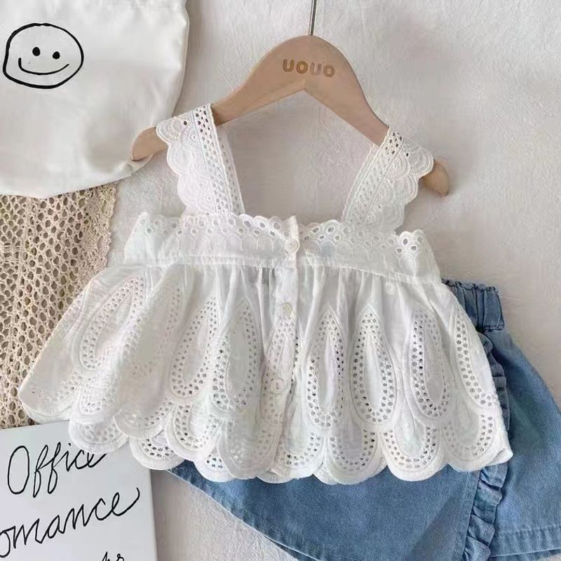 Kid's Clothing 2024 baby girl summer suit lace suspenders denim shorts two piece children's summer cool clothing_voghion.com