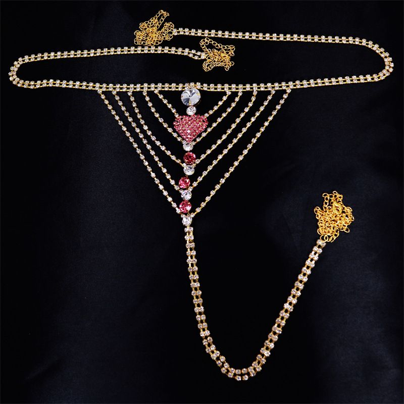 Hot selling pink heart-shaped waist summer sexy beach thong water diamond body Body chain_voghion.com