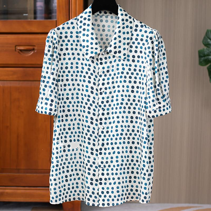 Top da donna in finta seta a maniche corte con stampa a maniche a sbuffo_voghion.com