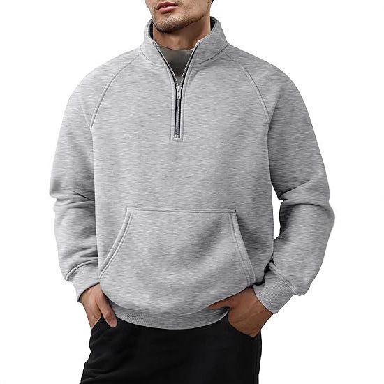 Felpa con cappuccio e mezza zip in pile con collo alto da uomo - Felpa ampia a maniche lunghe per l'inverno (bianco, nero, grigio, blu navy, cammello)_voghion.com