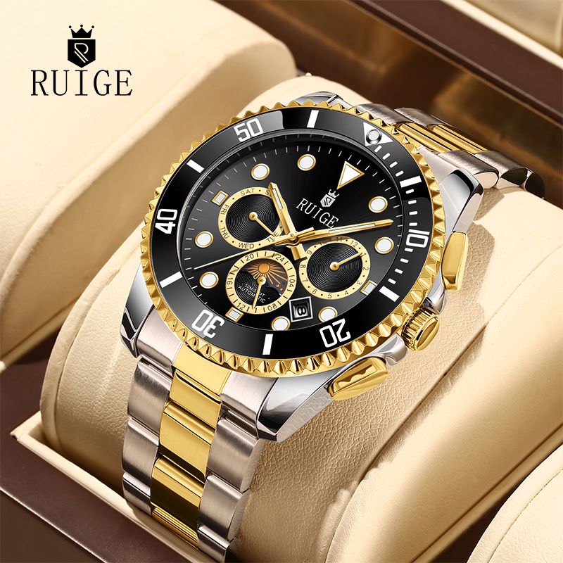 Orologio meccanico completamente automatico da uomo RUIGE, multifunzionale di alta qualità, in acciaio inossidabile, con luce notturna, impermeabile, versatile_voghion.com
