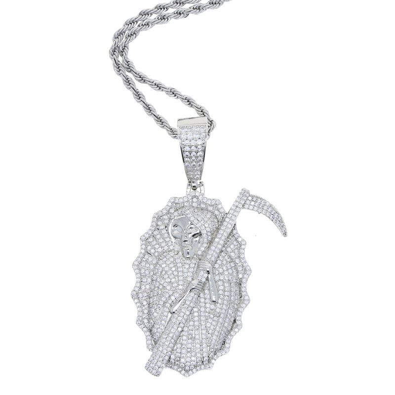 Collana con ciondolo in zircone con ciondolo Grim Reaper in stile moda maschile, con zirconi intarsiati_voghion.com