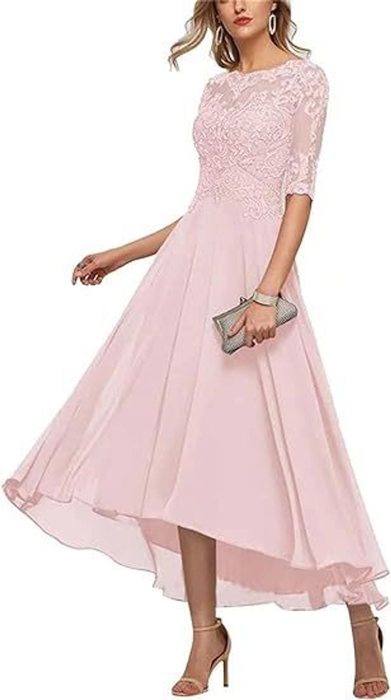 Spitzenkleid für die Mutter der Braut, glänzende Länge, Halbarm, A-Linie, Chiffon, formelles Abendkleid für Damen_voghion.com