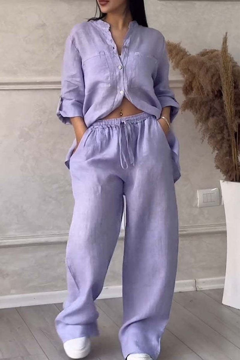Îmbrăcăminte pentru femei, casual, din bumbac și in, culoare solidă, cămașă cu cordon, pantaloni largi, costum_voghion.com