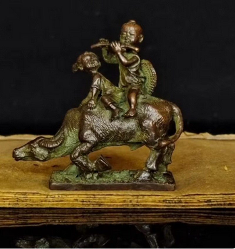Retro Solid Children Riding Cattle Small Ornaments Home Desktop Decoration Tea Ceremony Tea Table Antique Shepherd's Cow_voghion.com