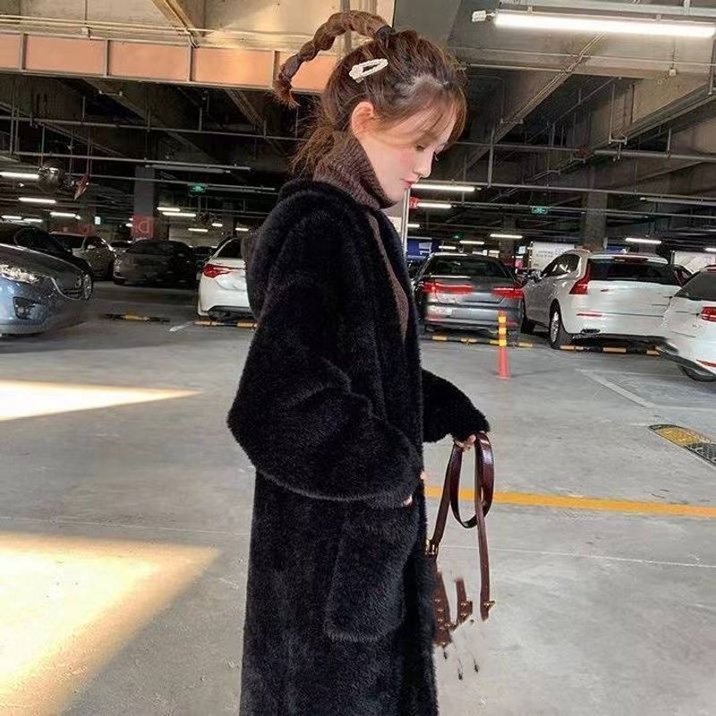 Women's Clothing New Long Mink Fleece Knitted Cardigan Lazy Style Loose Hooded Sweater Jacket _voghion.com