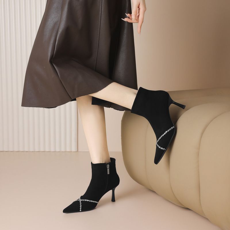 Cameido Women's Fashion Pointed Toe Suede Heel Short Boots With Rhinestones For Autumn And Winter_voghion.com