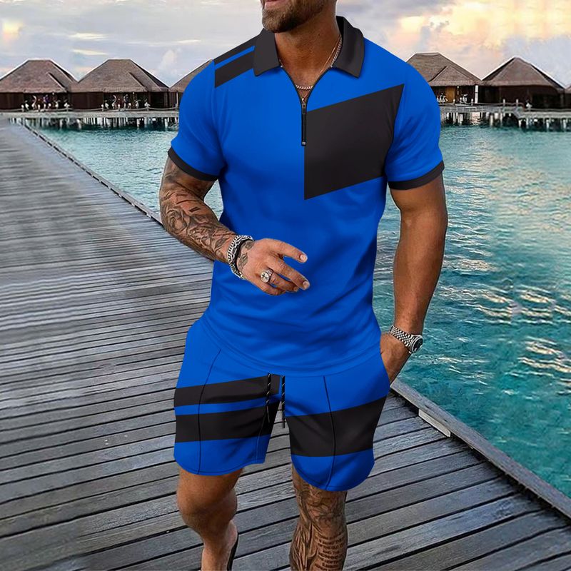 Herrenbekleidung Sommer Digitaldruck Freizeit Sport Revers Kurzarm Reißverschluss Shorts Set_voghion.com