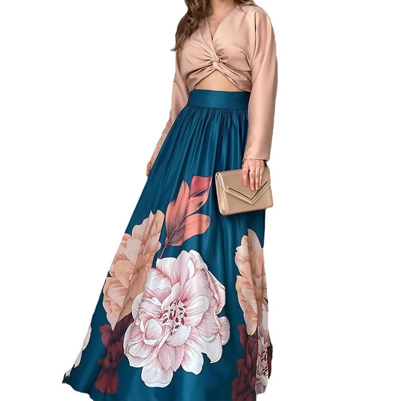 Vêtements pour femmes, chemise imprimée à manches longues, jupe longue, deux pièces décontractées, mode, costume de vacances_voghion.com