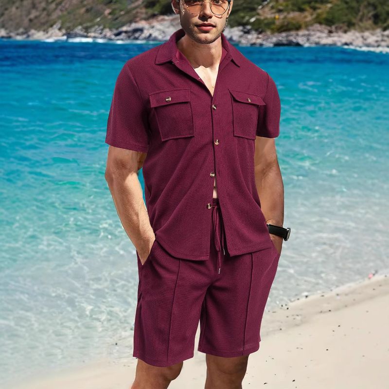 Herrenbekleidung Waffelstruktur Kurzarmhemd Shorts Set Atmungsaktives Outfit, Lässig (Schwarz, Grau, Weinrot, Khaki, Dunkelgrün, Weiß) - S-XXXL​_voghion.com