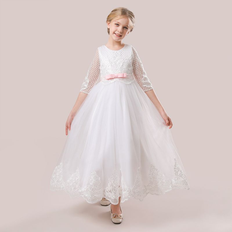 Mãe e filhos Vestido infantil branco vestido de princesa anfitriã florista traje de apresentação de piano vestido de noiva menina saia de tule fofa de natal_voghion.com