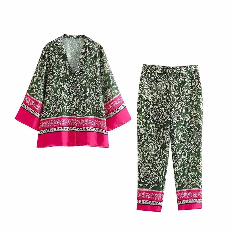 Abito da casa in raso Donna Casual monopetto con scollo a V Camicia stampata a maniche lunghe Pantaloni larghi Indumenti da notte Set Pamas in due pezzi_voghion.com