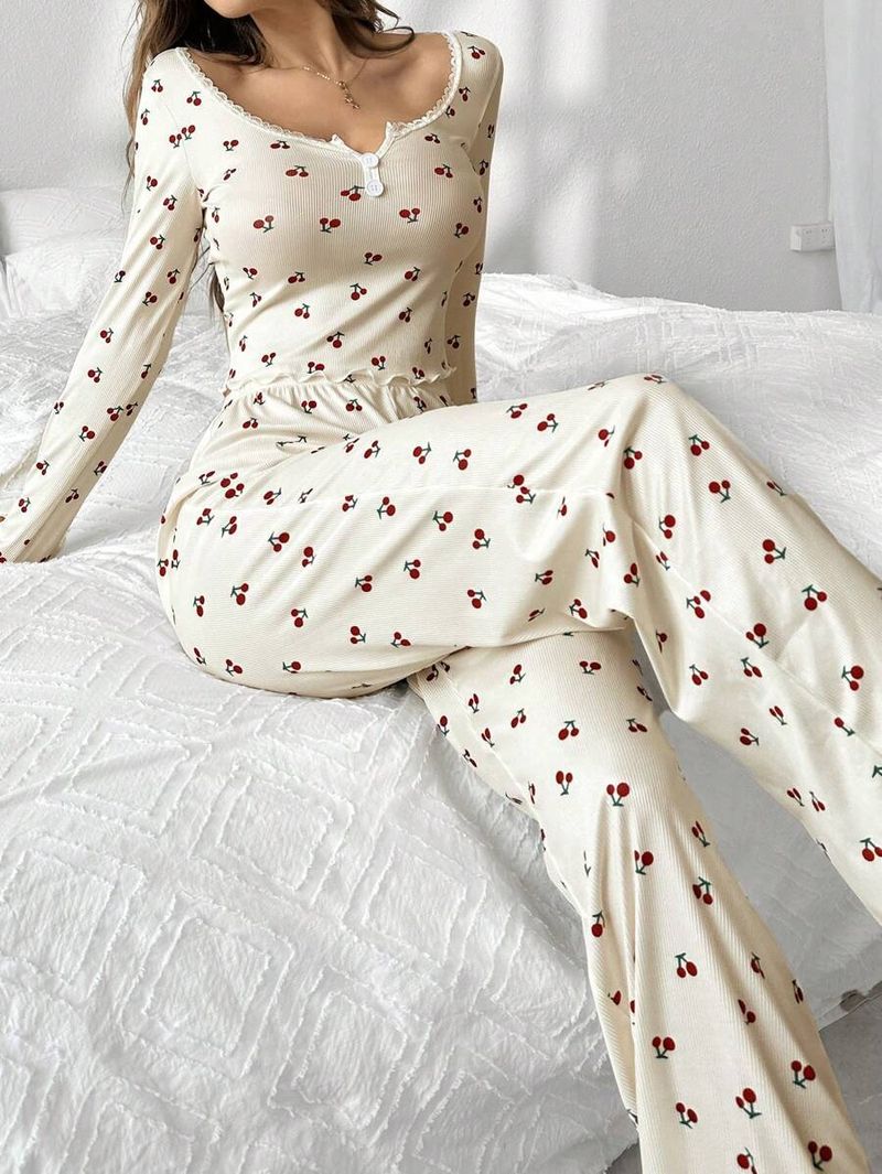 Women's Sleepwears Long Sleeved V Neck Pajamas With Small Floral Prints Lettuce Curled Hem Trousers Home Clothes Suit_voghion.com