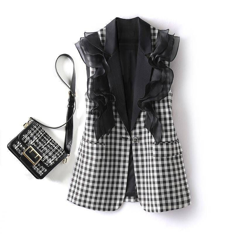 Gilet da donna a quadri, con colletto a contrasto, per primavera, per il tempo libero, senza maniche, con volant e cuciture._voghion.com