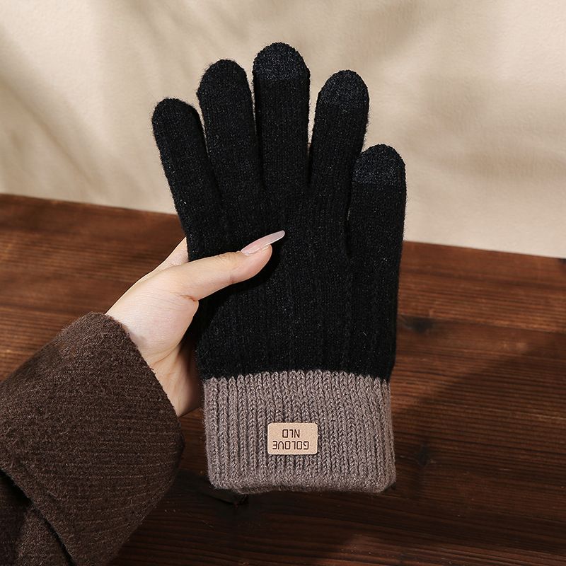 INS Women, Autumn And Winter Thickened Cold-Proof Warm Knitted Five-Finger Cycling Color-Block Touchscreen Gloves For_voghion.com