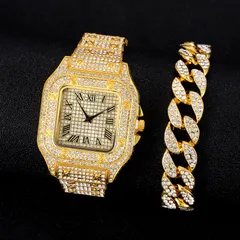 Men's Watches Men's Fashion Luxury Hip Hop Square Diamond Set Steel Band Quartz Watch + Oval Hip Hop Diamond Set Bracelet