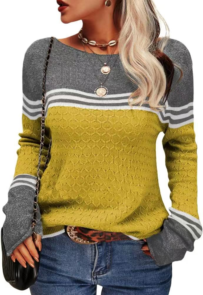 Damenbekleidung, modisch, Hakenmuster, langärmelig, gestreift, Farbblock, Rundhalsausschnitt, Strickpullover für Damen_voghion.com