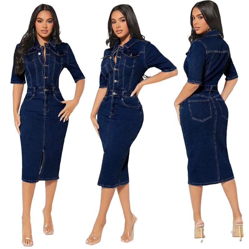 Robe extensible délavée pour femmes, vêtements de banlieue, jupe mi-longue en denim, à la mode_voghion.com