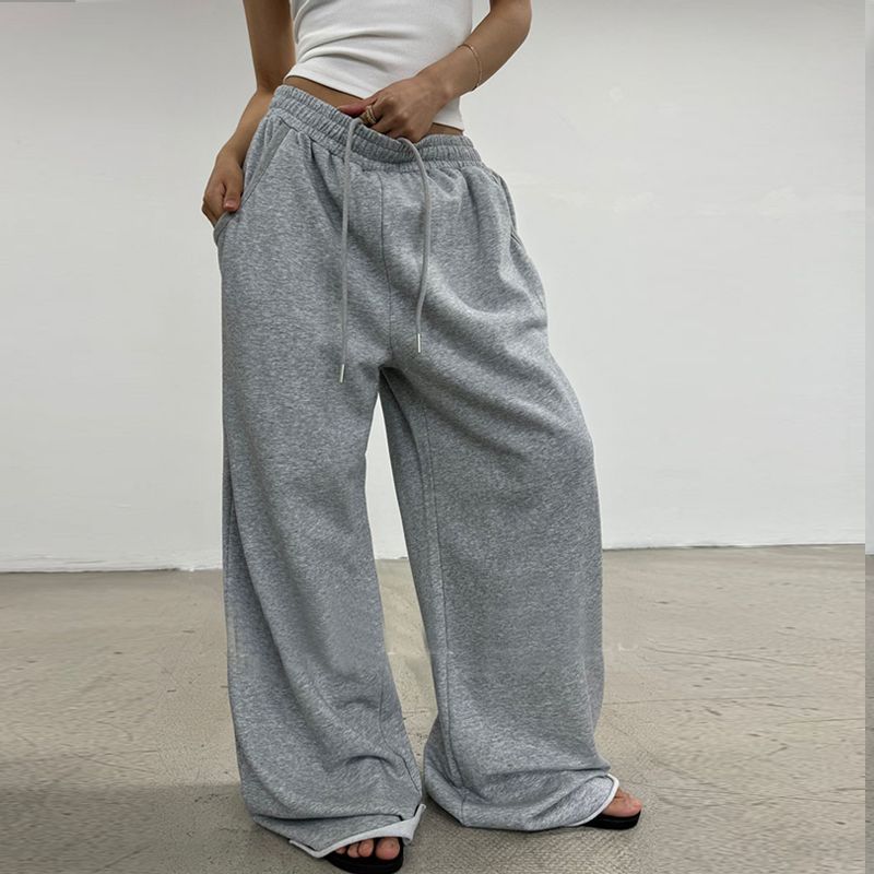 Damenbekleidung Graue Sporthose mit weitem Bein für Damen, lockere Jazz-Wischhose, Jogginghose, Hip-Hop-All-Match-Freizeithose, drapierte gerade Hose_voghion.com
